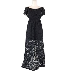 Soma Dress SIZE XS French Scroll Black Ruffle Off-Shoulder Burnout Lined Maxi